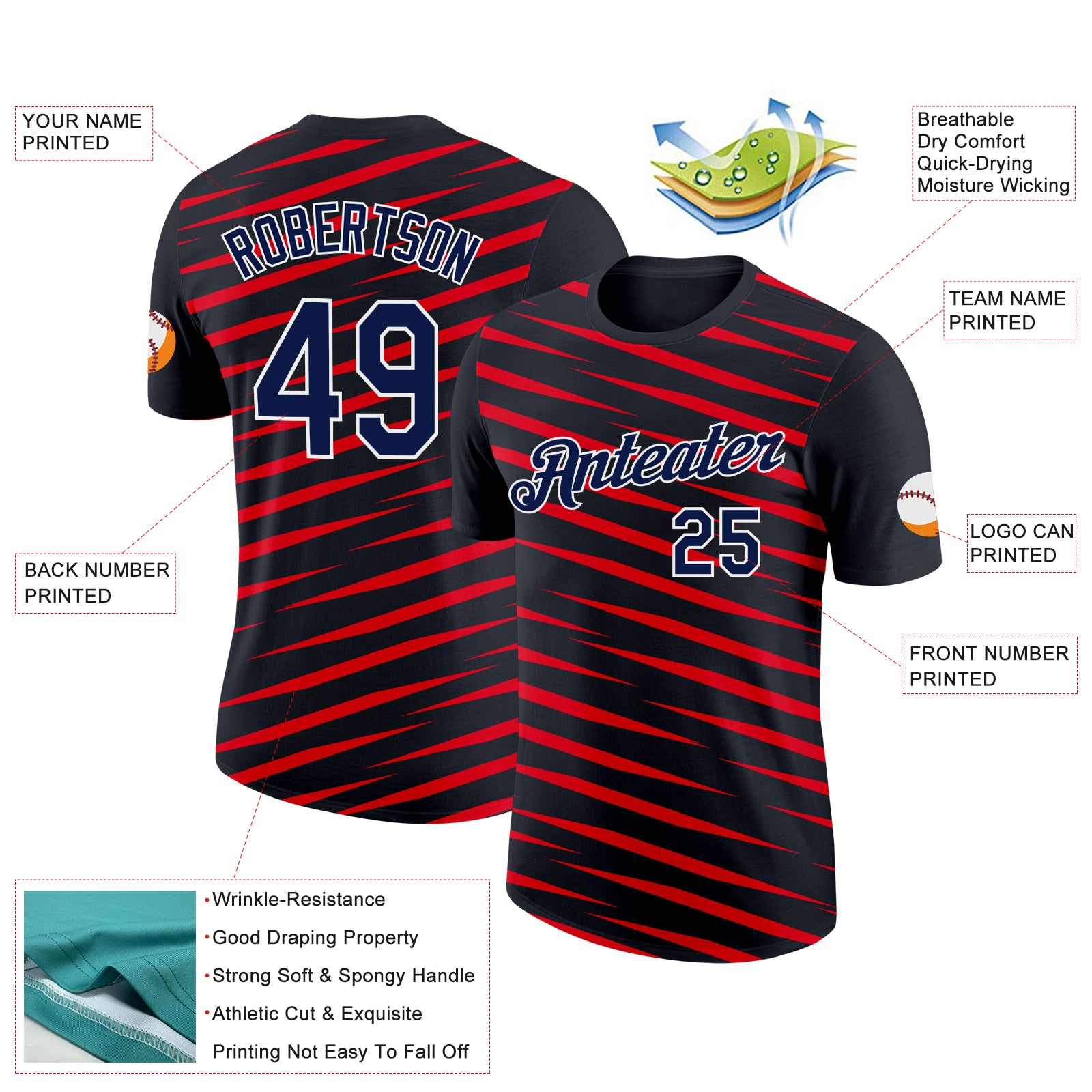 Custom Black Navy-Fire Red 3D Esports Performance T-Shirt