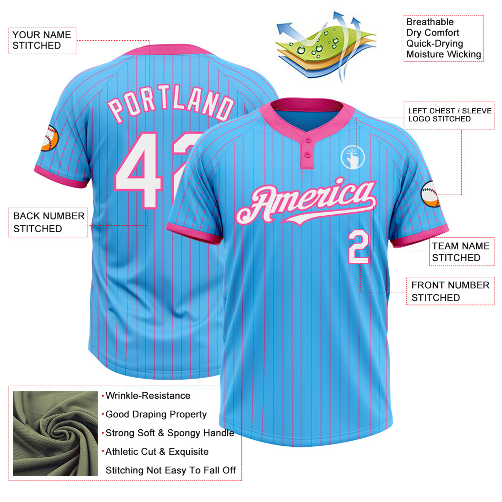 Custom Sky Blue Pink Pinstripe White Two-Button Unisex Softball Jersey
