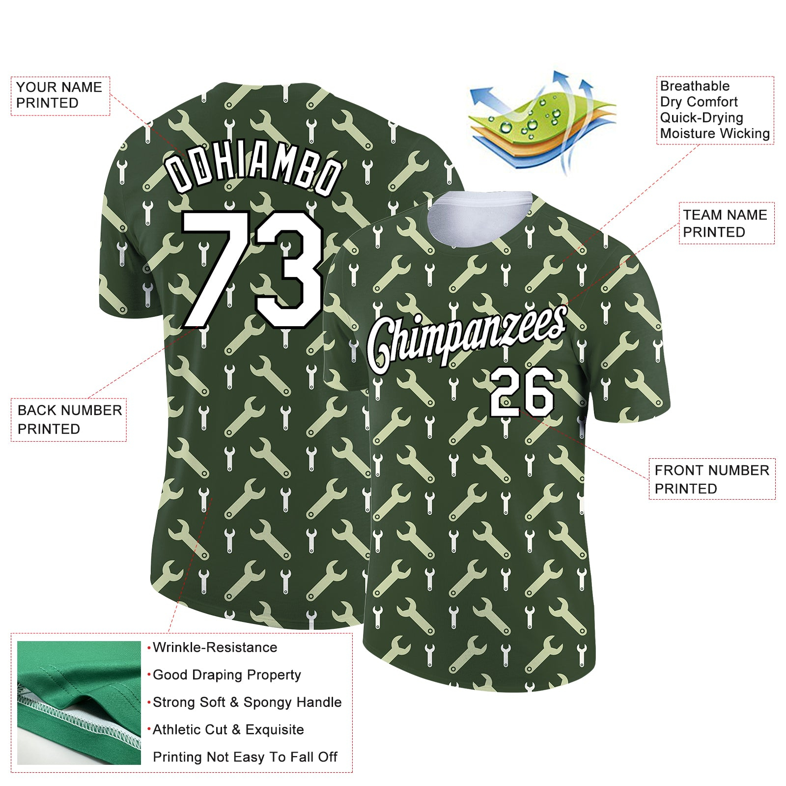 Custom Olive White-Black 3D Pattern Design Tool Wrench Labor Day Performance T-Shirt