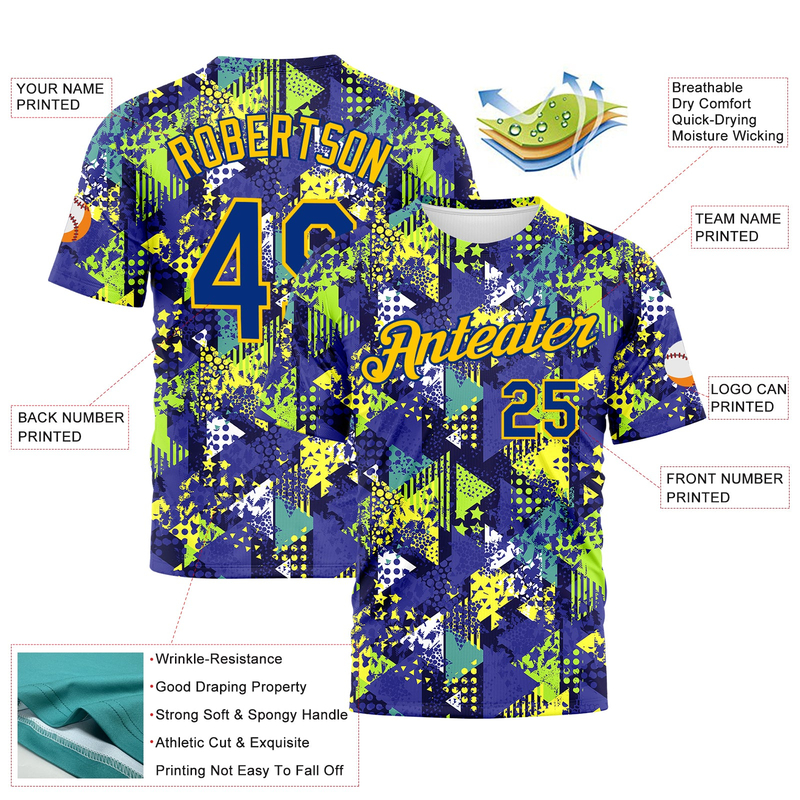 Custom Graffiti Pattern Royal-Gold 3D Creative Geometric Figures Triangle And Dots Performance T-Shirt