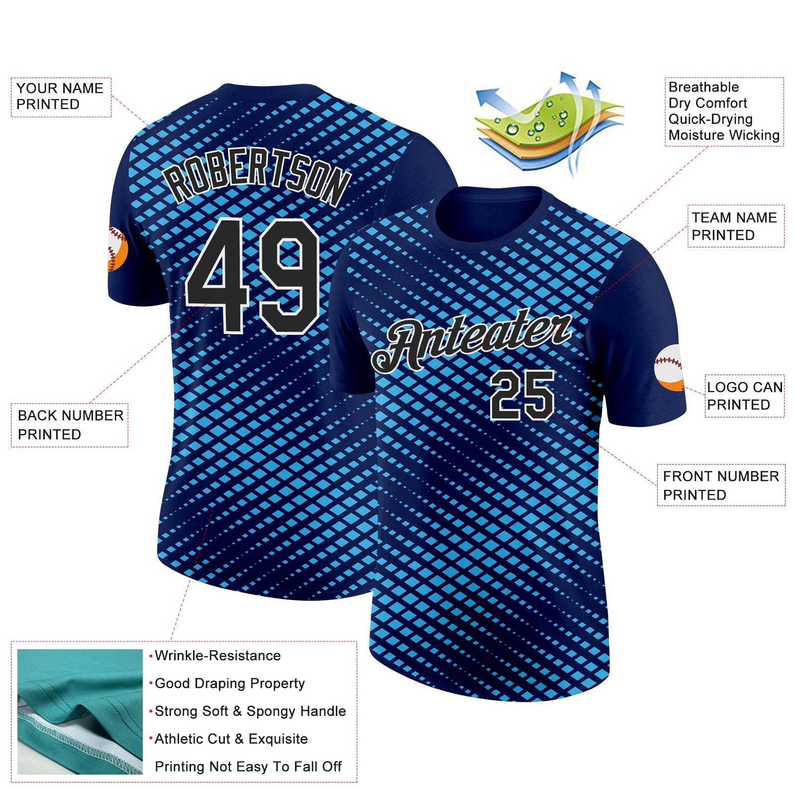 Custom Navy Black-Sky Blue 3D Esports Performance T-Shirt