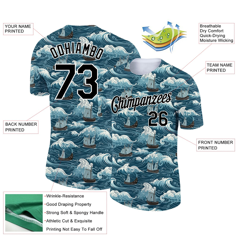 Custom Teal Black-White 3D Pattern Design Sailing Ship Columbus Day Performance T-Shirt