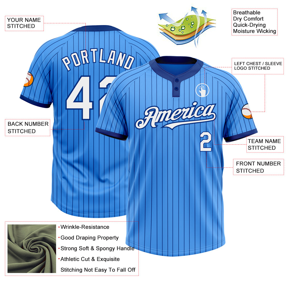 Custom Electric Blue Royal Pinstripe White Two-Button Unisex Softball Jersey