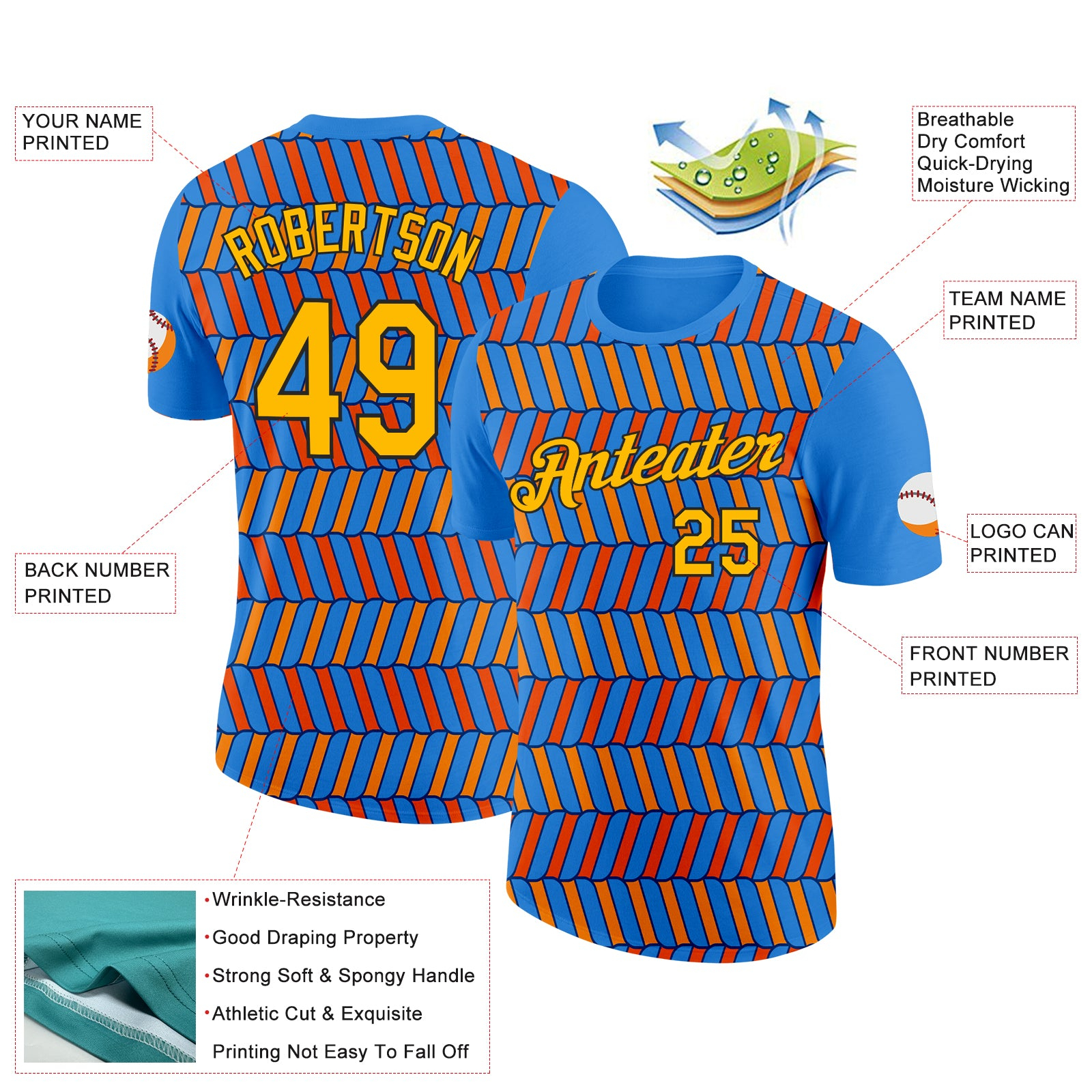 Custom Powder Blue Orange US Navy Blue-Black 3D Esports Performance T-Shirt