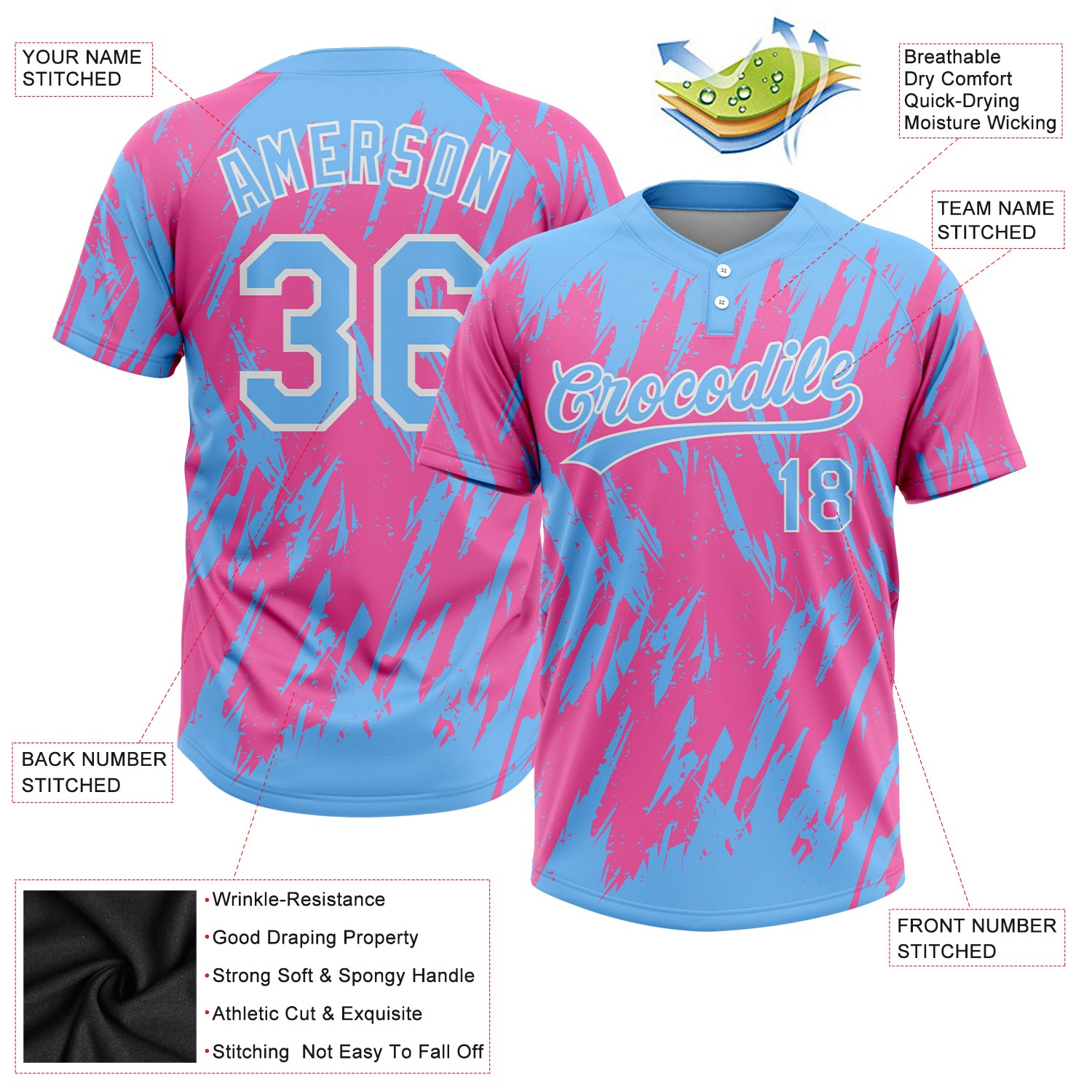 Custom Pink Powder Blue-White 3D Pattern Two-Button Unisex Softball Jersey