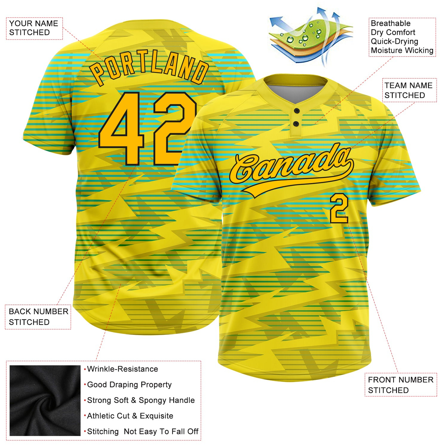 Custom Gold Gold Black-Light Blue 3D Pattern Two-Button Unisex Softball Jersey