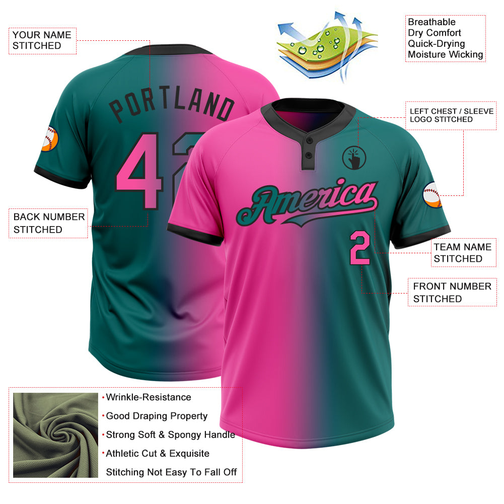 Custom Teal Pink-Black Gradient Fashion Two-Button Unisex Softball Jersey