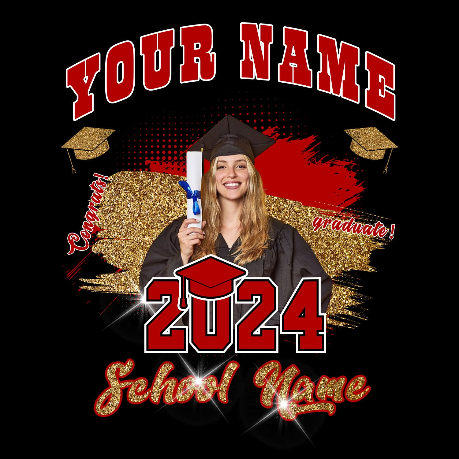 Custom Black Red-White 3D Graduation Performance T-Shirt