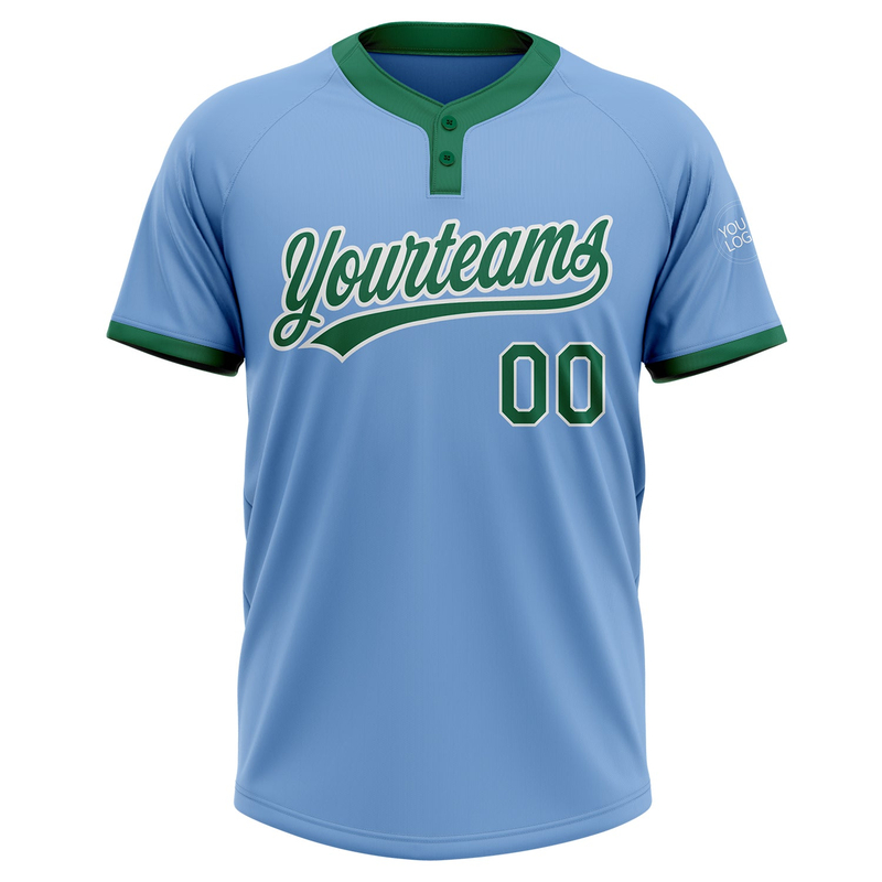 Custom Light Blue Kelly Green-White Two-Button Unisex Softball Jersey