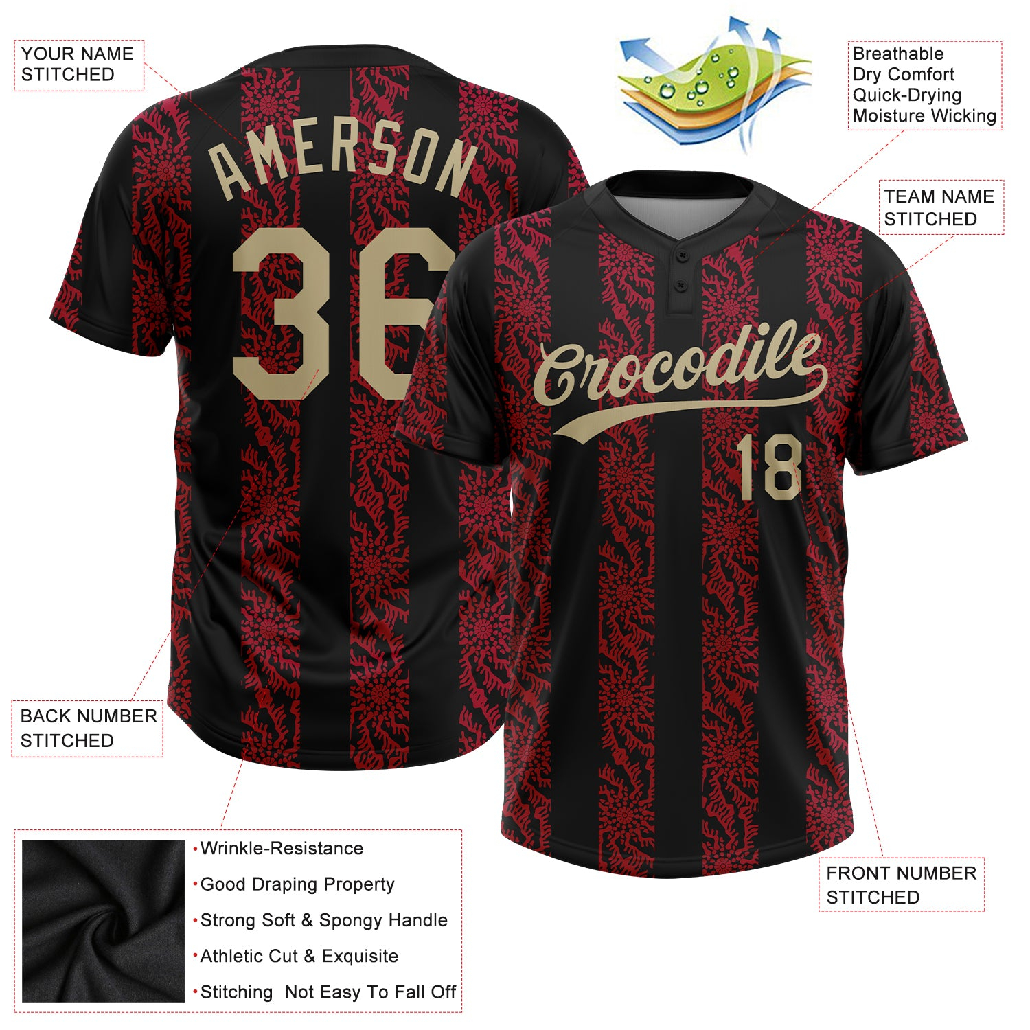 Custom Black Vegas Gold-Red 3D Pattern Two-Button Unisex Softball Jersey