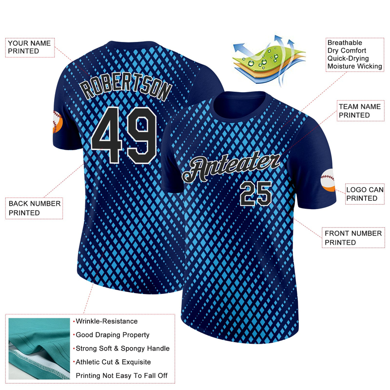 Custom Navy Black-Sky Blue 3D Esports Performance T-Shirt