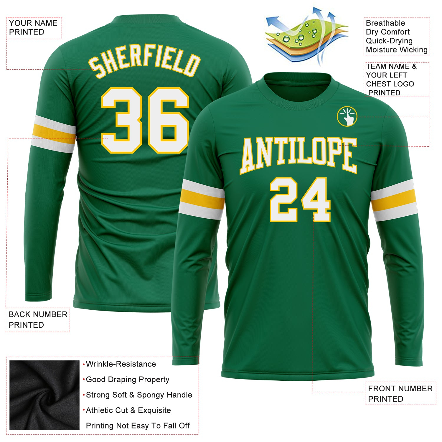 Custom Kelly Green White-Gold Long Sleeve Performance Salute To Service T-Shirt