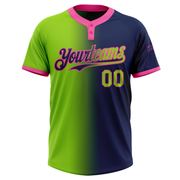 Custom Navy Neon Green-Pink Gradient Fashion Two-Button Unisex Softball Jersey
