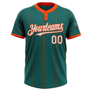 Custom Teal Orange Pinstripe White Two-Button Unisex Softball Jersey