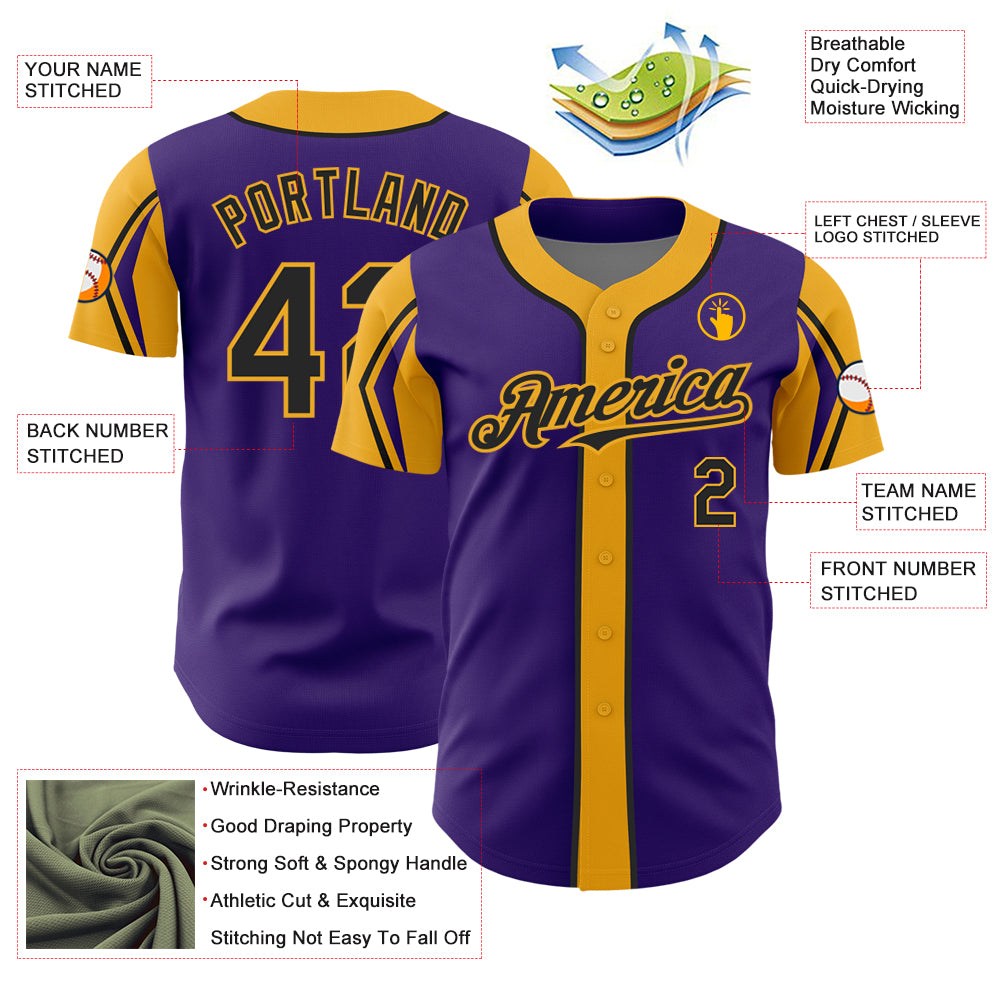Custom Purple Black-Gold 3 Colors Arm Shapes Authentic Baseball Jersey