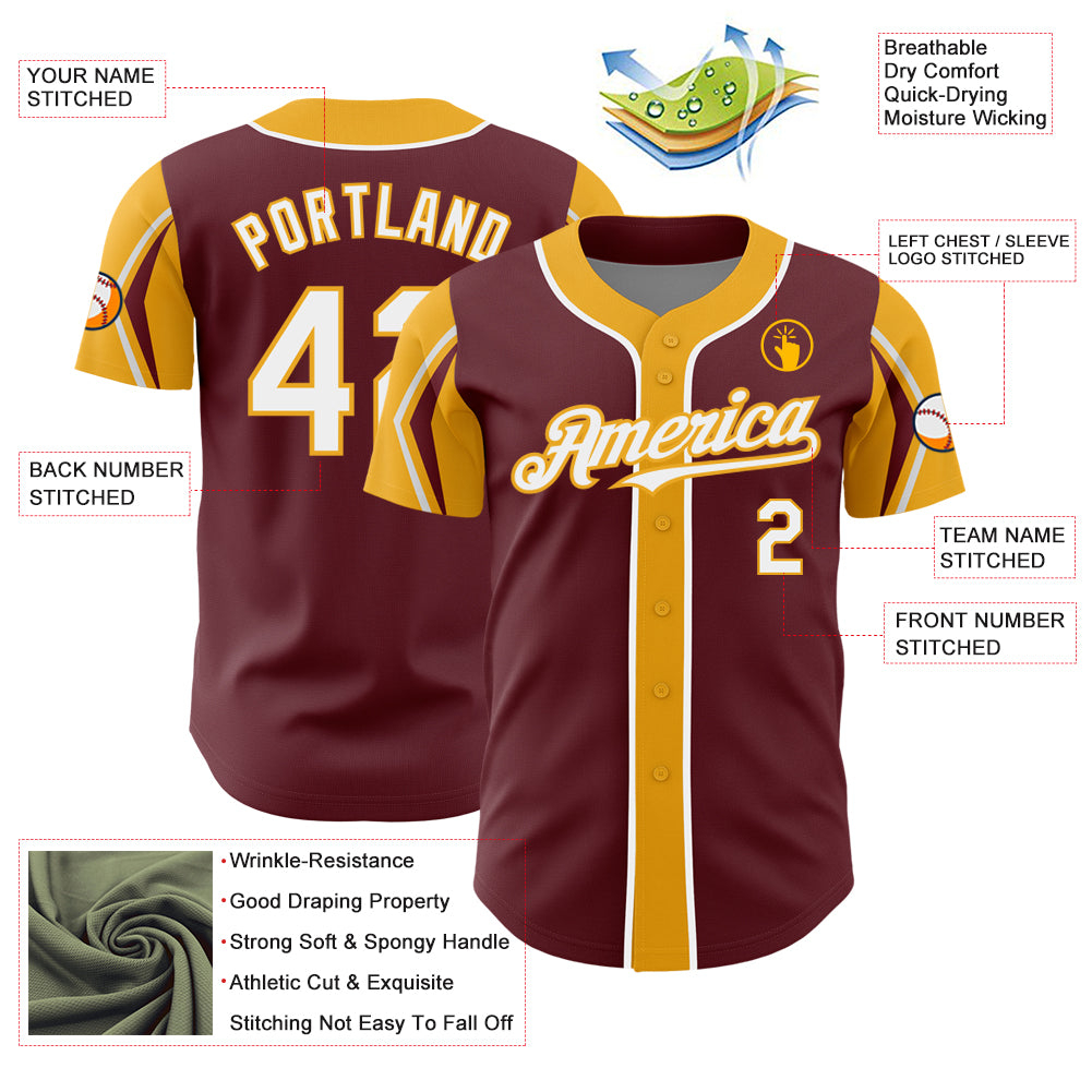 Custom Burgundy White-Gold 3 Colors Arm Shapes Authentic Baseball Jersey