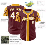 Custom Burgundy White-Gold 3 Colors Arm Shapes Authentic Baseball Jersey