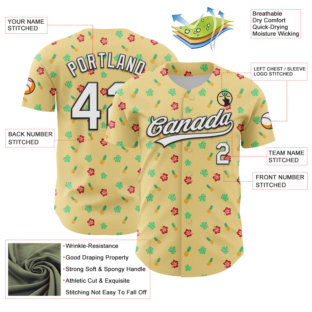 Custom Yellow White-Black 3D Hawaii Tropical Palm Leaves And Fruit Pineapple Authentic Baseball Jersey