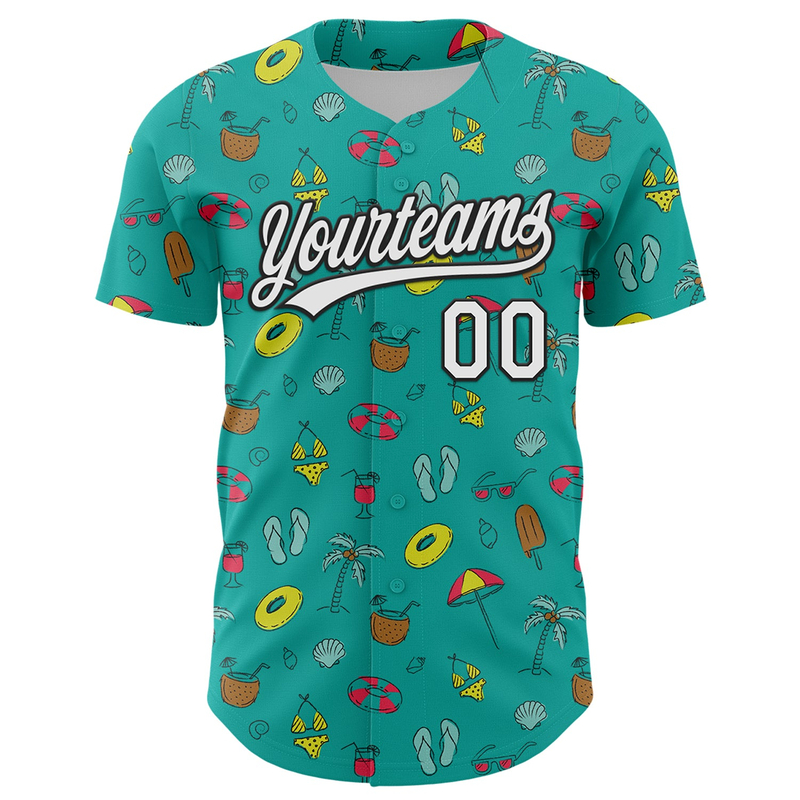 Custom Aqua White-Black 3D Hawaii Tropical Palm Tree And Beach Authentic Baseball Jersey