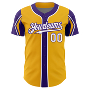 Custom Gold White-Purple 3 Colors Arm Shapes Authentic Baseball Jersey