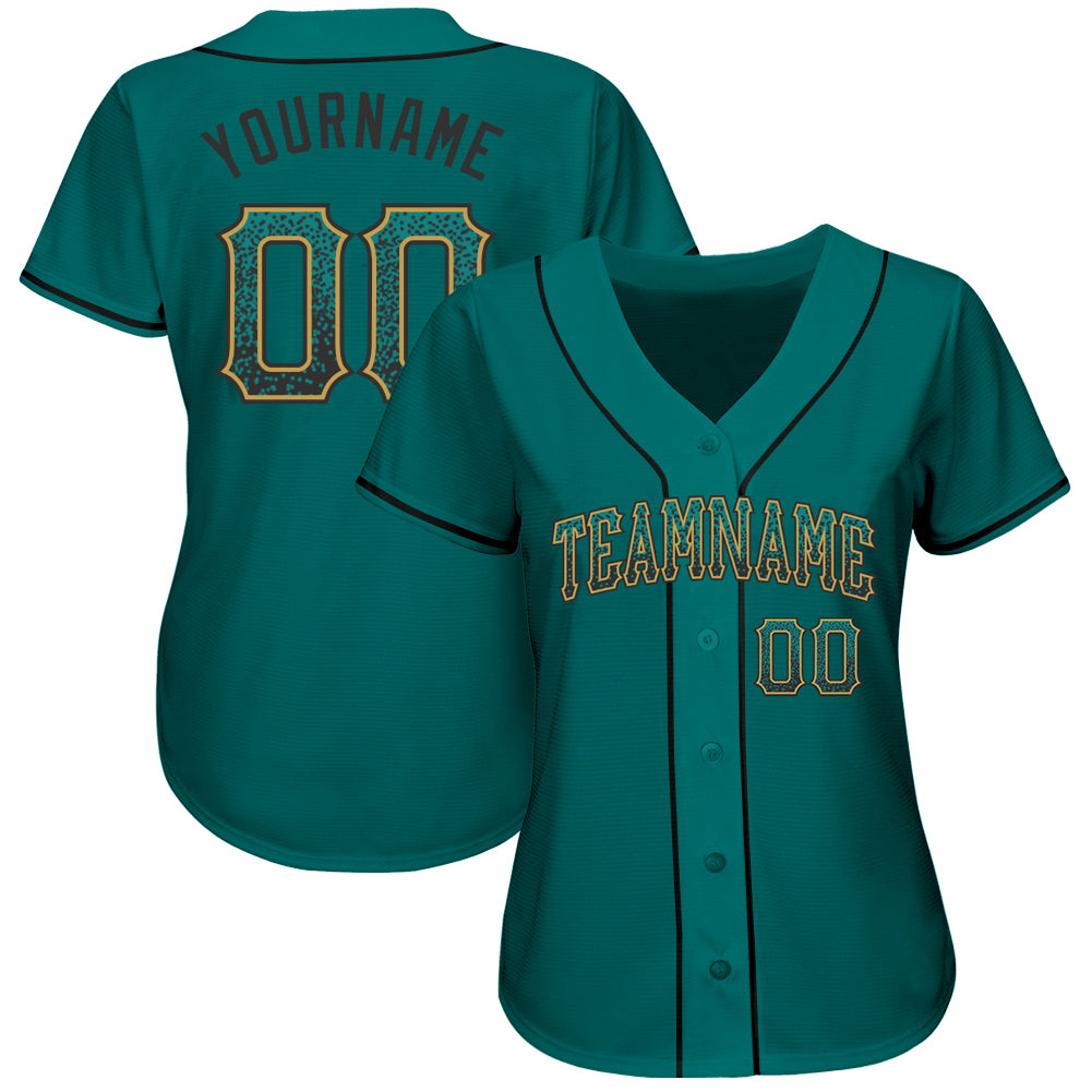 Custom Teal Black-Old Gold Authentic Drift Fashion Baseball Jersey