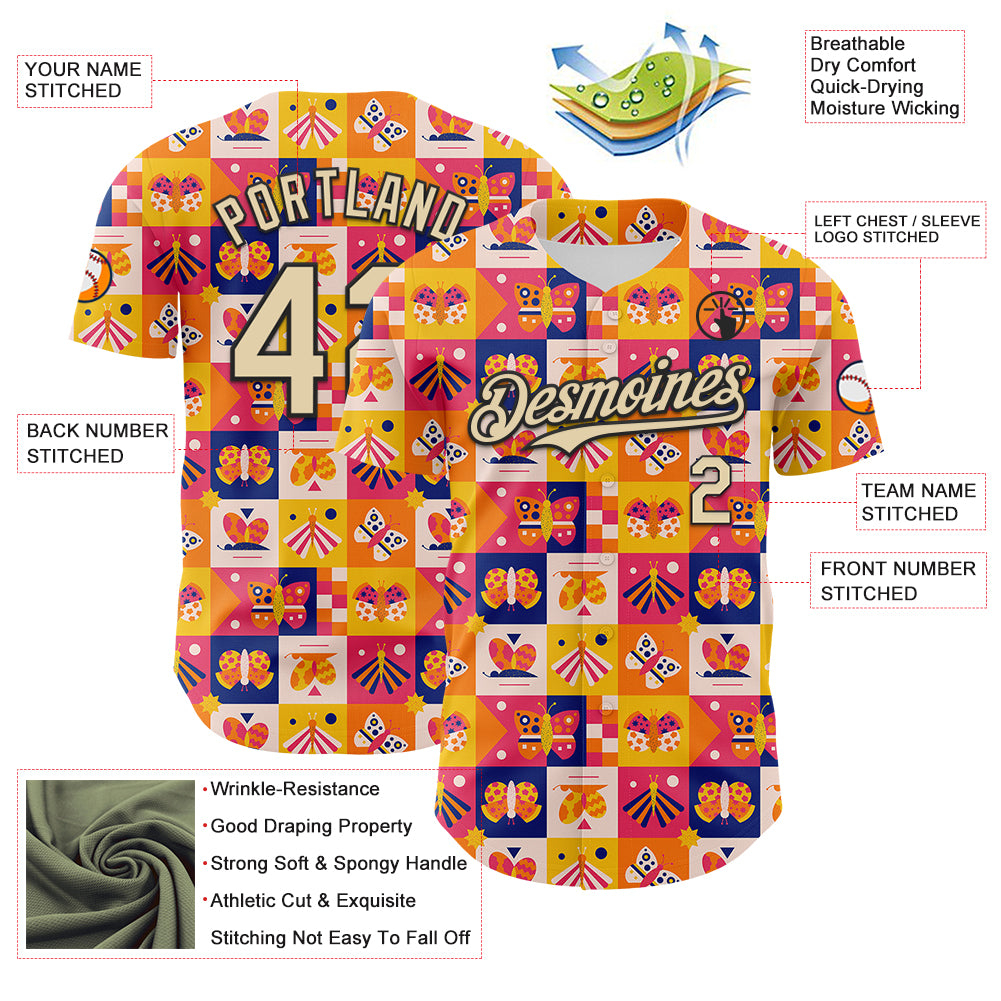 Custom Yellow Cream-Black 3D Ambartive Abstract Butterfly Pattern Authentic Baseball Jersey