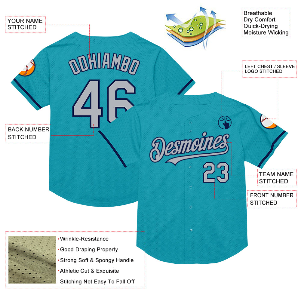 Custom Teal Gray-Navy Mesh Authentic Throwback Baseball Jersey