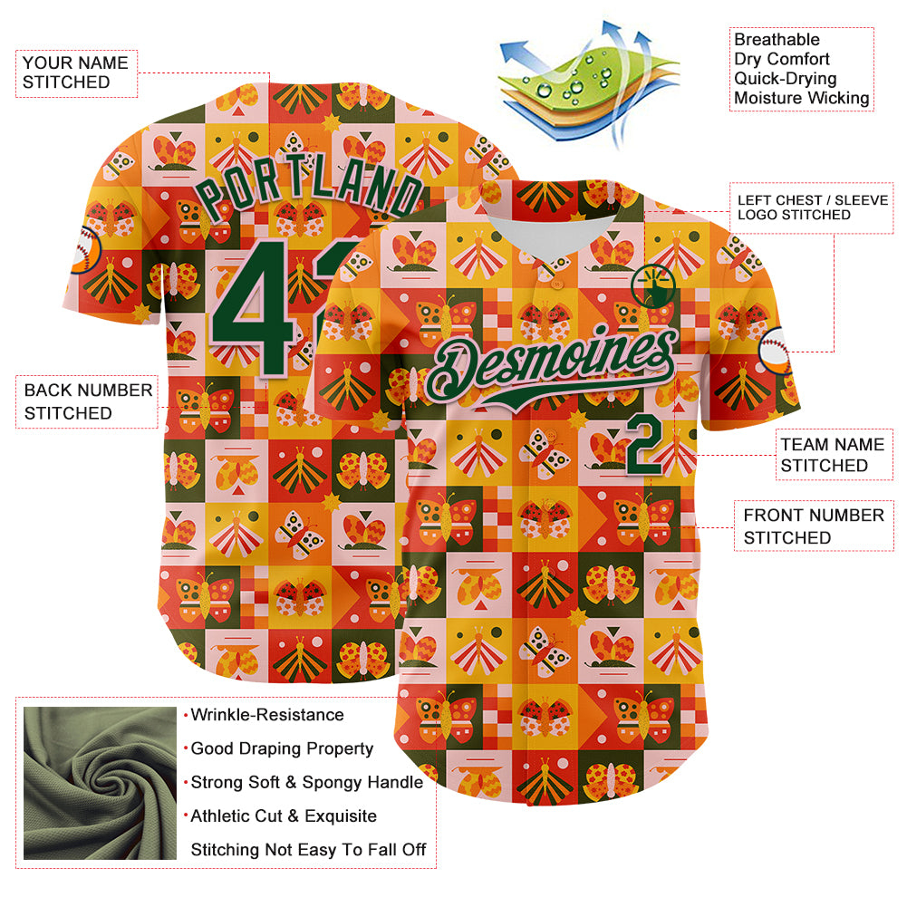 Custom Bay Orange Green-Light Pink 3D Ambartive Checkered Butterfly Pattern Authentic Baseball Jersey