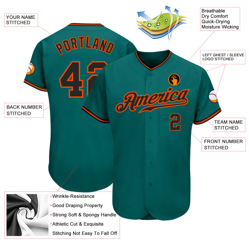 Custom Teal Black-Orange Authentic Baseball Jersey