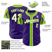 Custom Purple White-Neon Green 3 Colors Arm Shapes Authentic Baseball Jersey