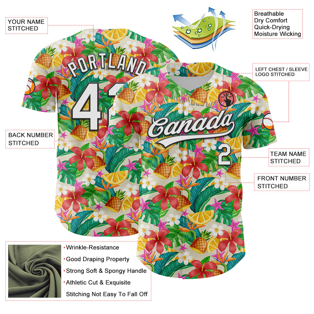 Custom Yellow White-Black 3D Hawaii Tropical Palm Leaves Flower And Fruit Pineapple Authentic Baseball Jersey