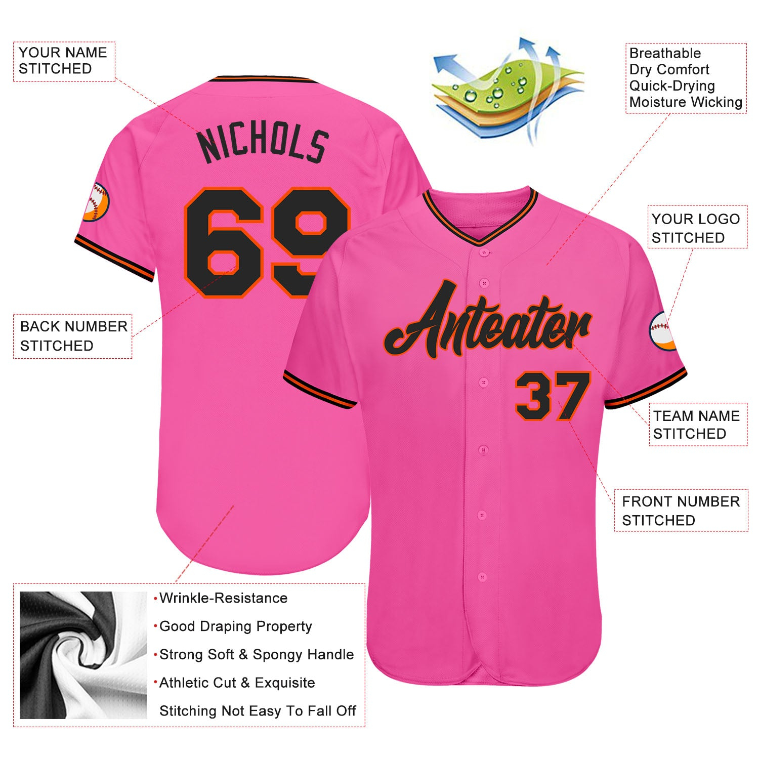 Custom Pink Black-Orange Authentic Baseball Jersey