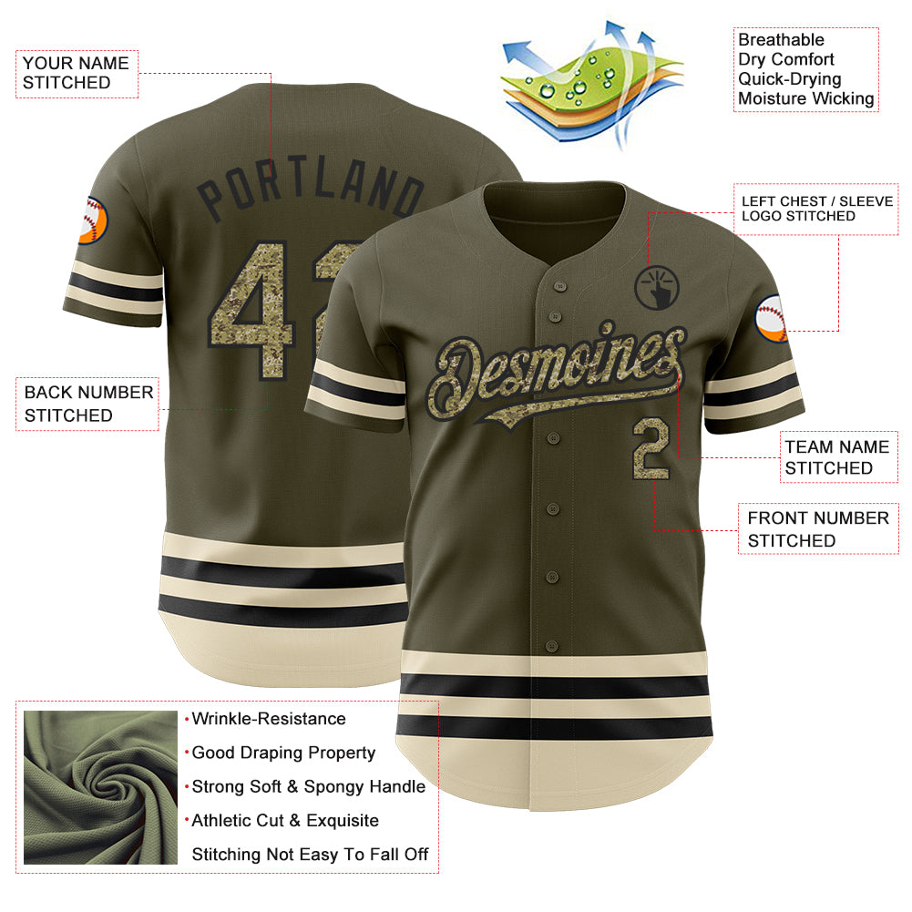 Custom Olive Camo Black-Cream Line Authentic Salute To Service Baseball Jersey