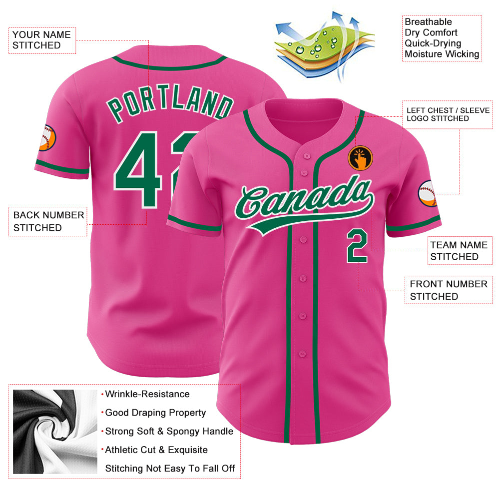 Custom Pink Kelly Green-White Authentic Baseball Jersey
