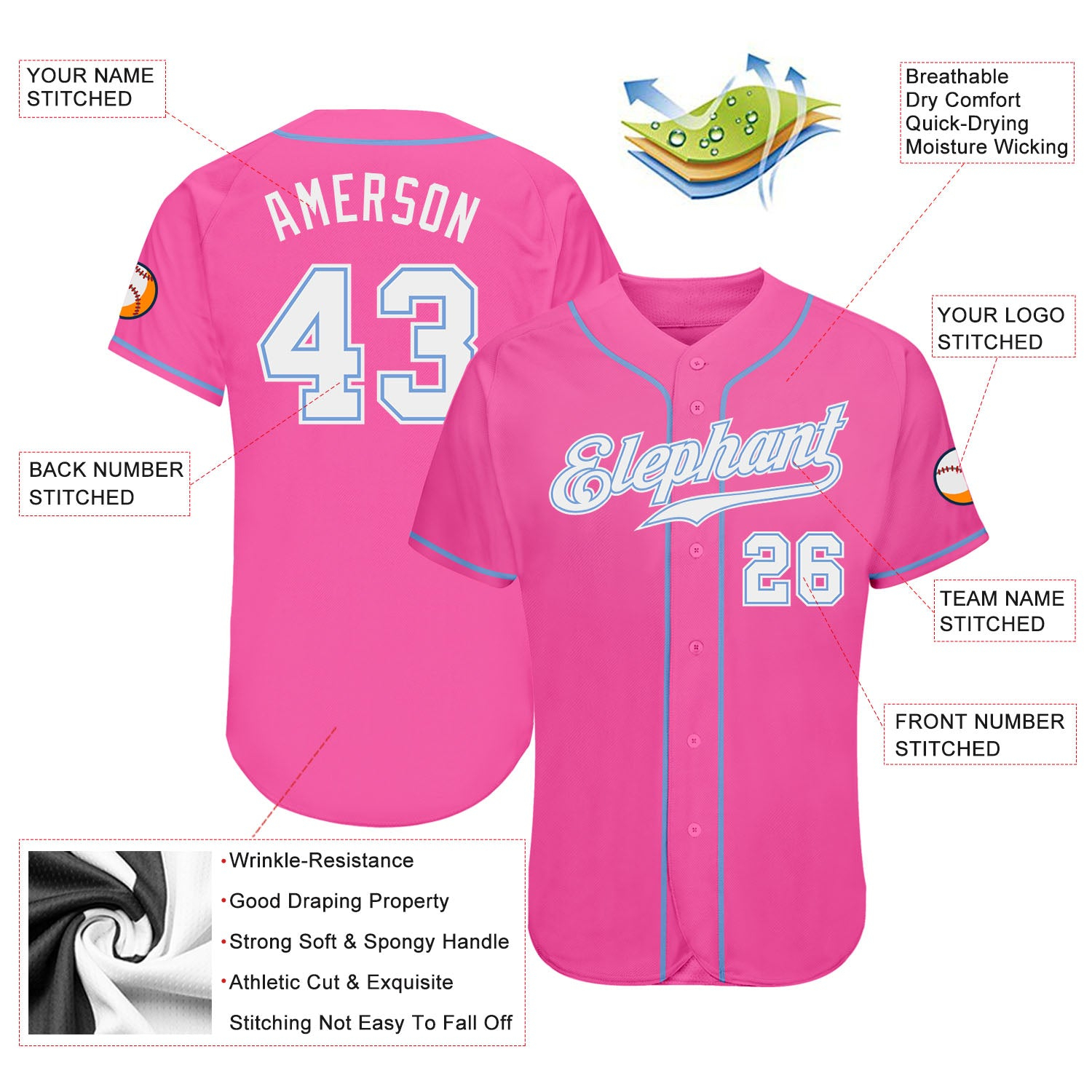 Custom Pink White-Light Blue Authentic Baseball Jersey