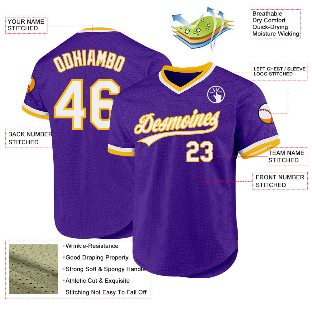 Custom Purple White-Gold Authentic Throwback Baseball Jersey