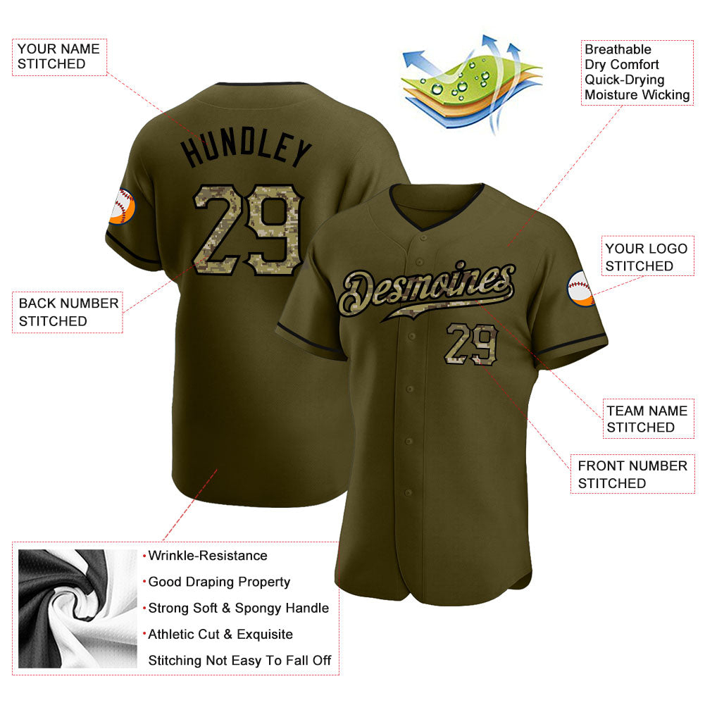 Custom Olive Camo-Black Authentic Salute To Service Baseball Jersey