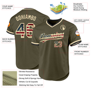 Custom Olive Vintage USA Flag Cream-Black Authentic Throwback Salute To Service Baseball Jersey