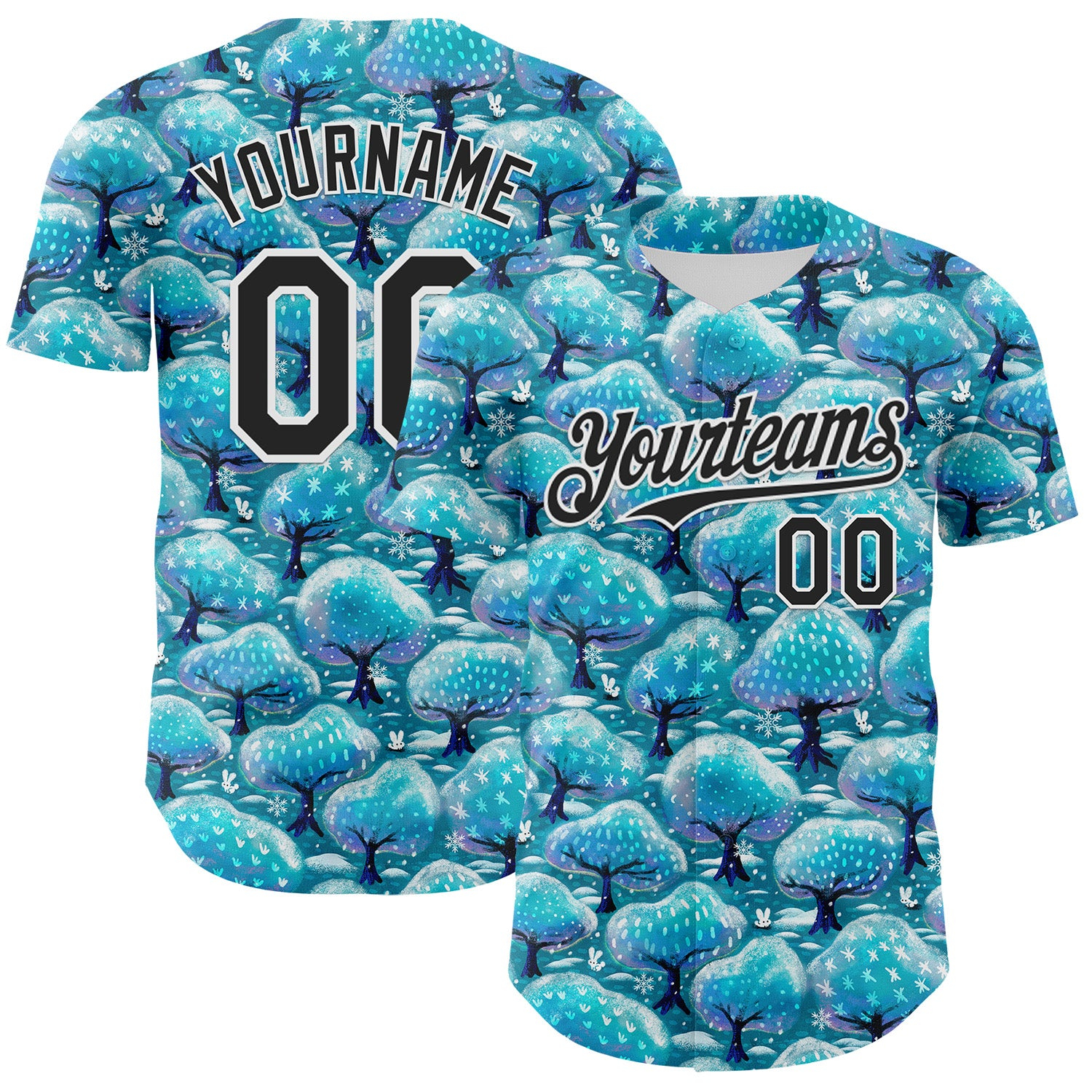 Custom Panther Blue Black-White 3D Emi Bee Winter Trees And Bunnies Authentic Baseball Jersey