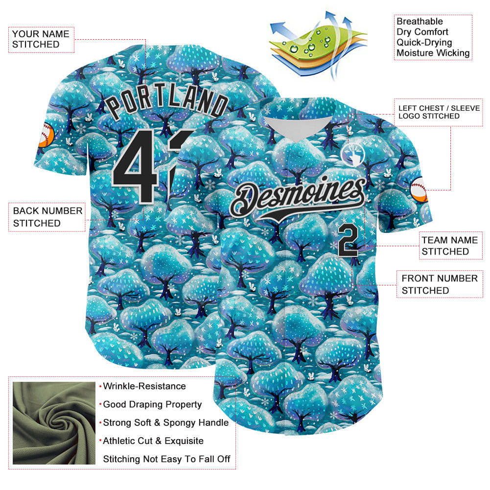 Custom Panther Blue Black-White 3D Emi Bee Winter Trees And Bunnies Authentic Baseball Jersey