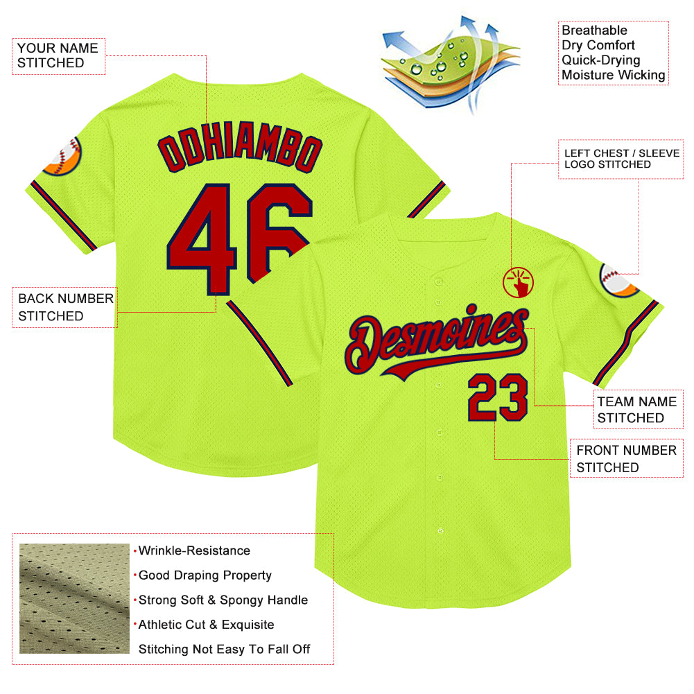 Custom Neon Green Red-Navy Mesh Authentic Throwback Baseball Jersey