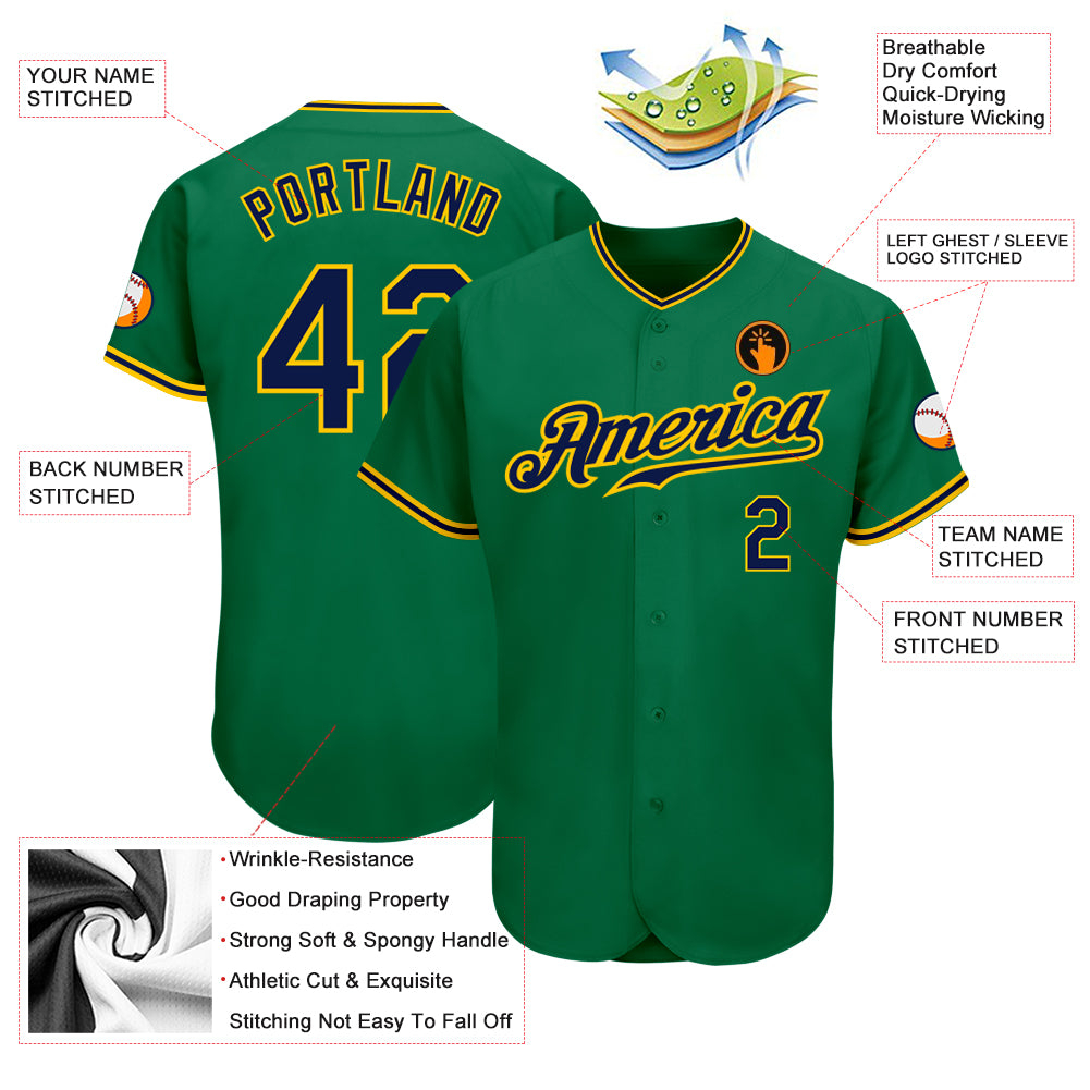 Custom Kelly Green Navy-Gold Authentic Baseball Jersey