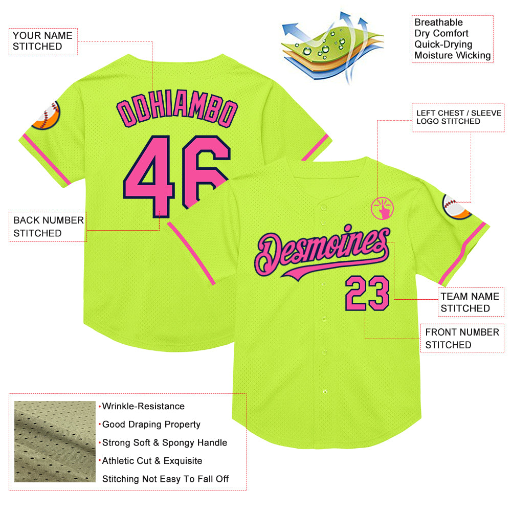 Custom Neon Green Pink-Navy Mesh Authentic Throwback Baseball Jersey