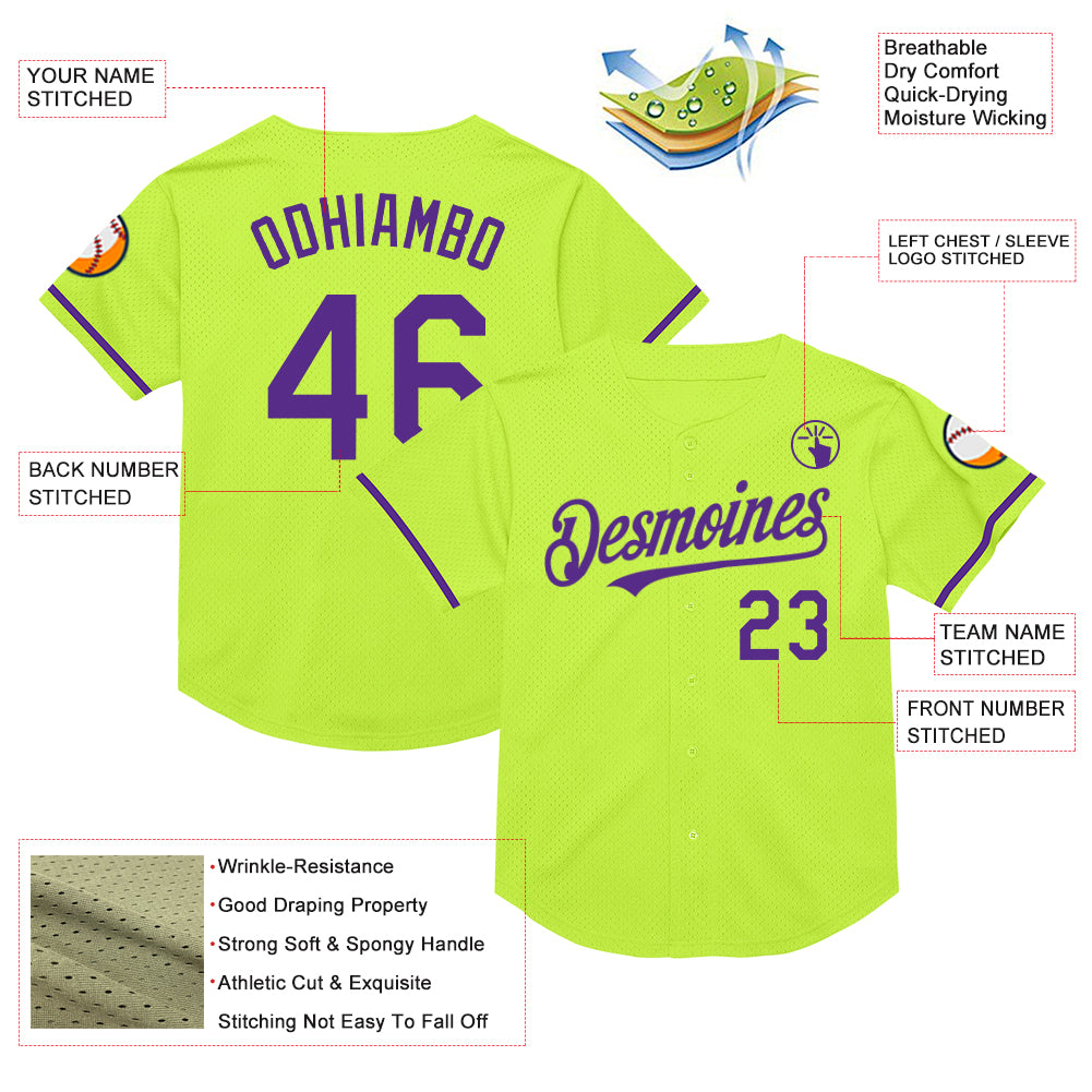 Custom Neon Green Purple Mesh Authentic Throwback Baseball Jersey