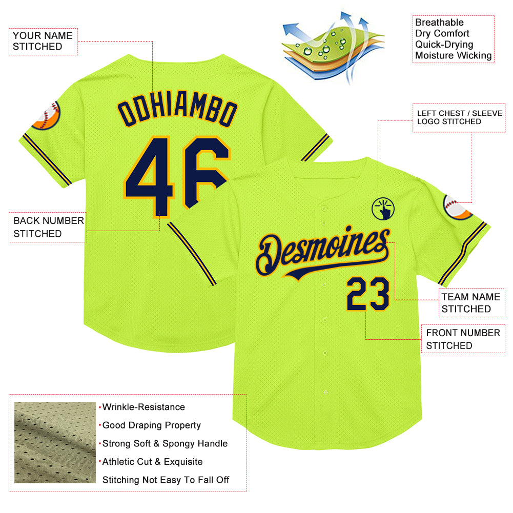 Custom Neon Green Navy-Gold Mesh Authentic Throwback Baseball Jersey