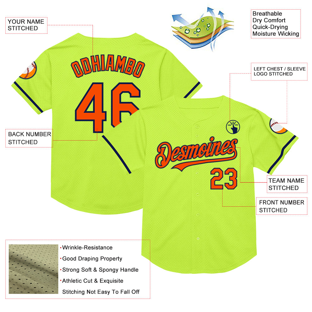 Custom Neon Green Orange-Navy Mesh Authentic Throwback Baseball Jersey