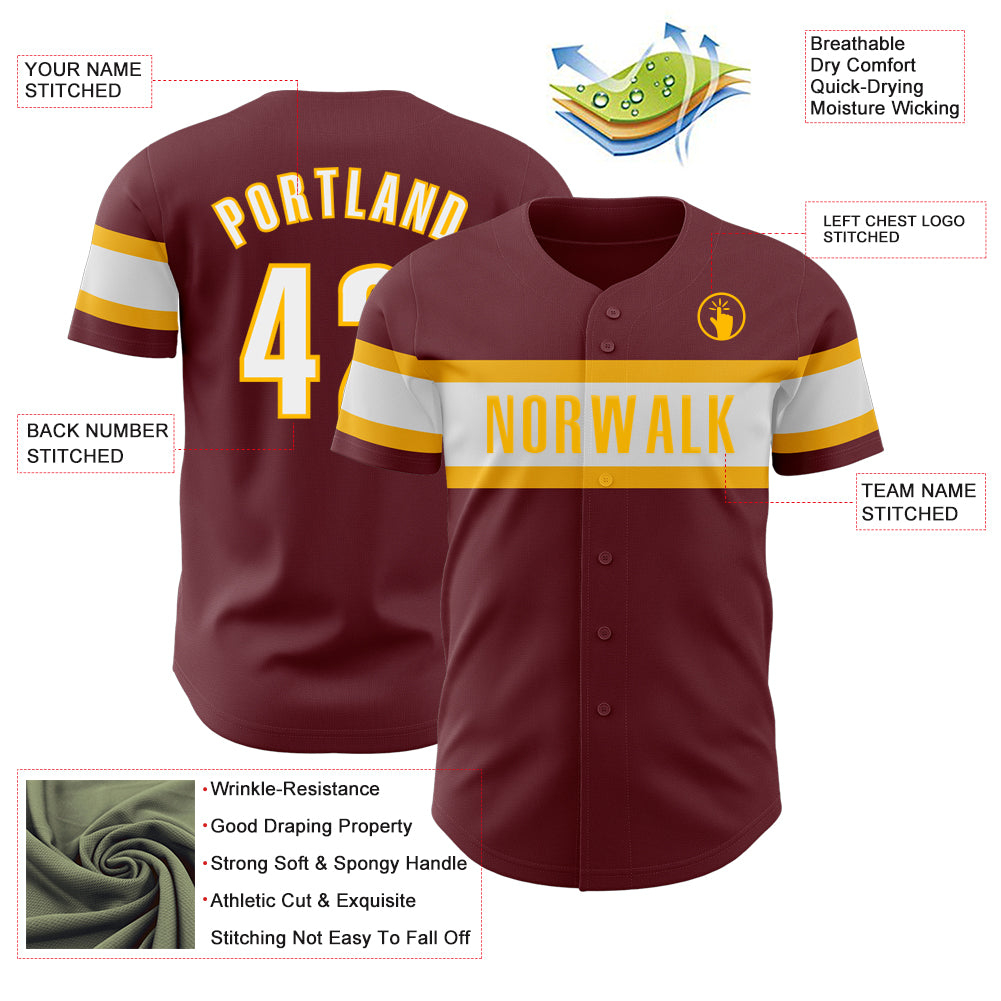 Custom Burgundy White-Gold Authentic Baseball Jersey