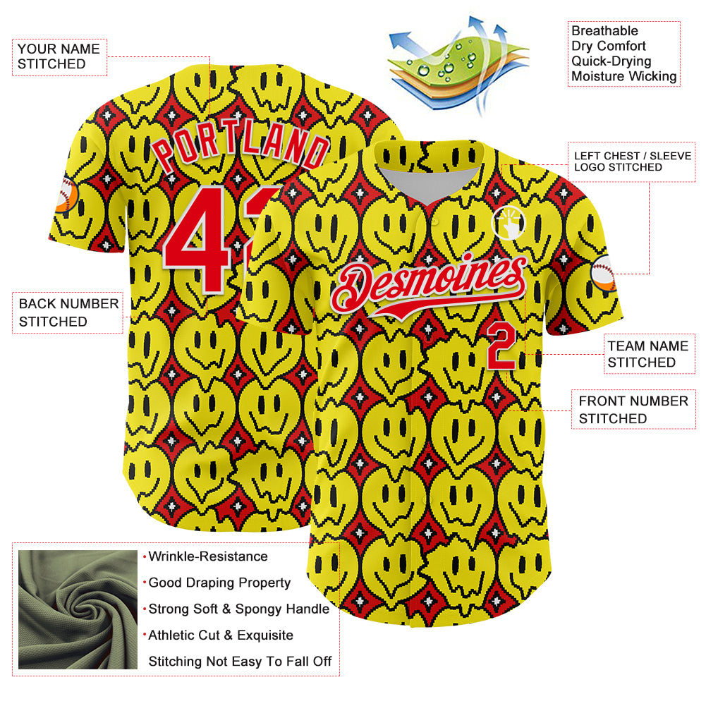 Custom Fire Red White 3D Pattern Design Funny Cartoon Emoji Smile Face Authentic Baseball Jersey