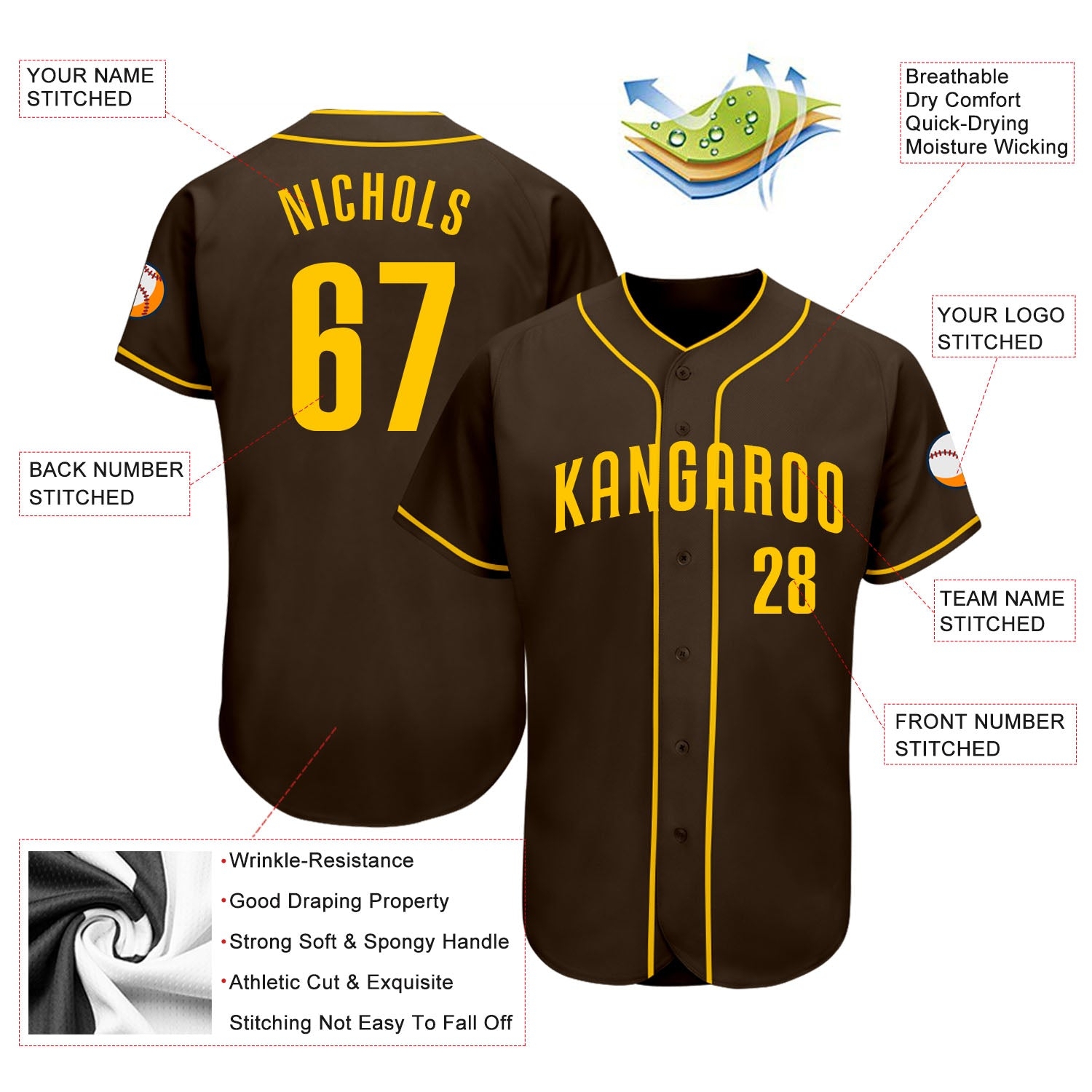 Custom Brown Gold Authentic Baseball Jersey