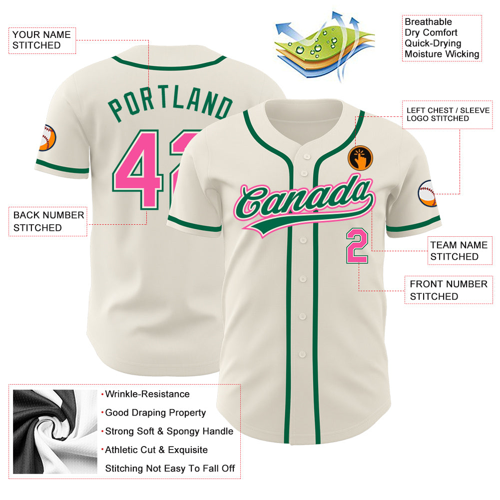 Custom Cream Pink-Kelly Green Authentic Baseball Jersey